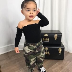girls fashionable boat neck top and camouflage trouser set